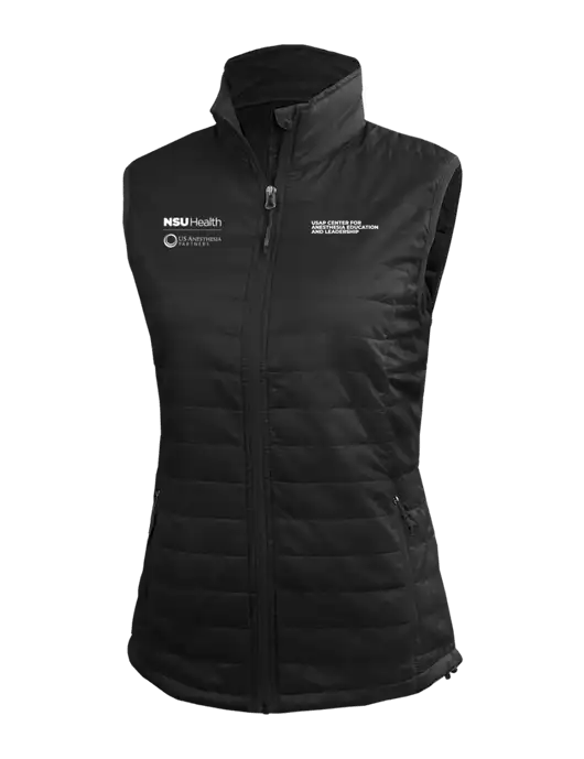 Womens Packable Black Puffy Vest w/NSU Health/USAP Logo, USAP NSU Logo