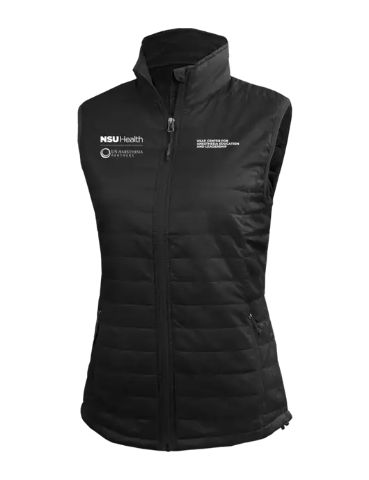 Womens Packable Black Puffy Vest w/NSU Health/USAP Logo, USAP NSU Logo