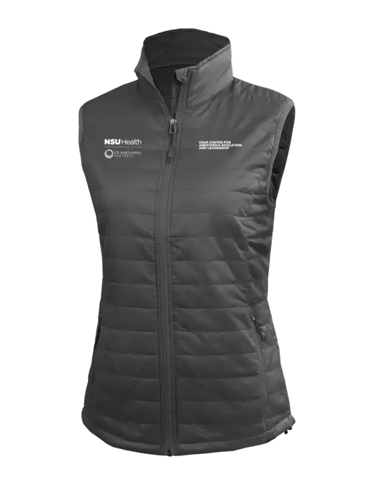 Womens Packable Dark Grey Puffy Vest w/NSU Health/USAP Logo, USAP NSU Logo