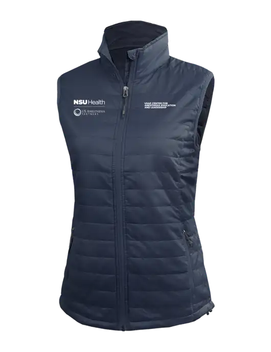 Womens Packable Navy Puffy Vest w/NSU Health/USAP Logo, USAP NSU Logo