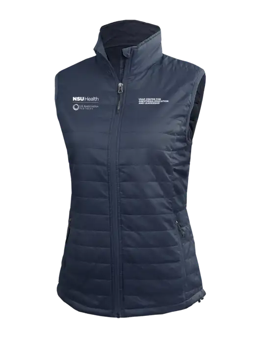 Womens Packable Navy Puffy Vest w/NSU Health/USAP Logo, USAP NSU Logo