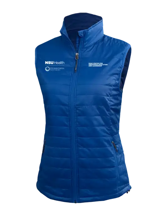 Womens Packable Royal Puffy Vest w/NSU Health/USAP Logo, USAP NSU Logo