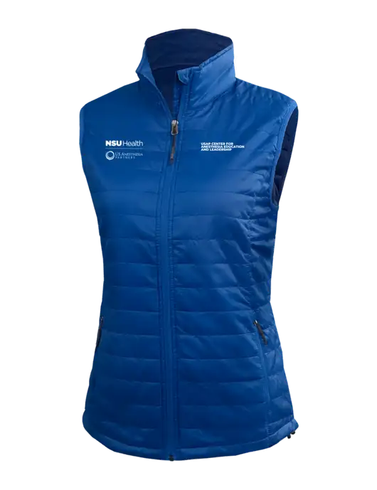 Womens Packable Royal Puffy Vest w/NSU Health/USAP Logo, USAP NSU Logo